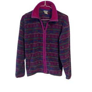 LL Bean Knit Fleece Sweater Womens Small Pullover Purple Fair Isle Aztec Western